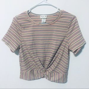 Cropped Striped 70s Style Front Tie Tee